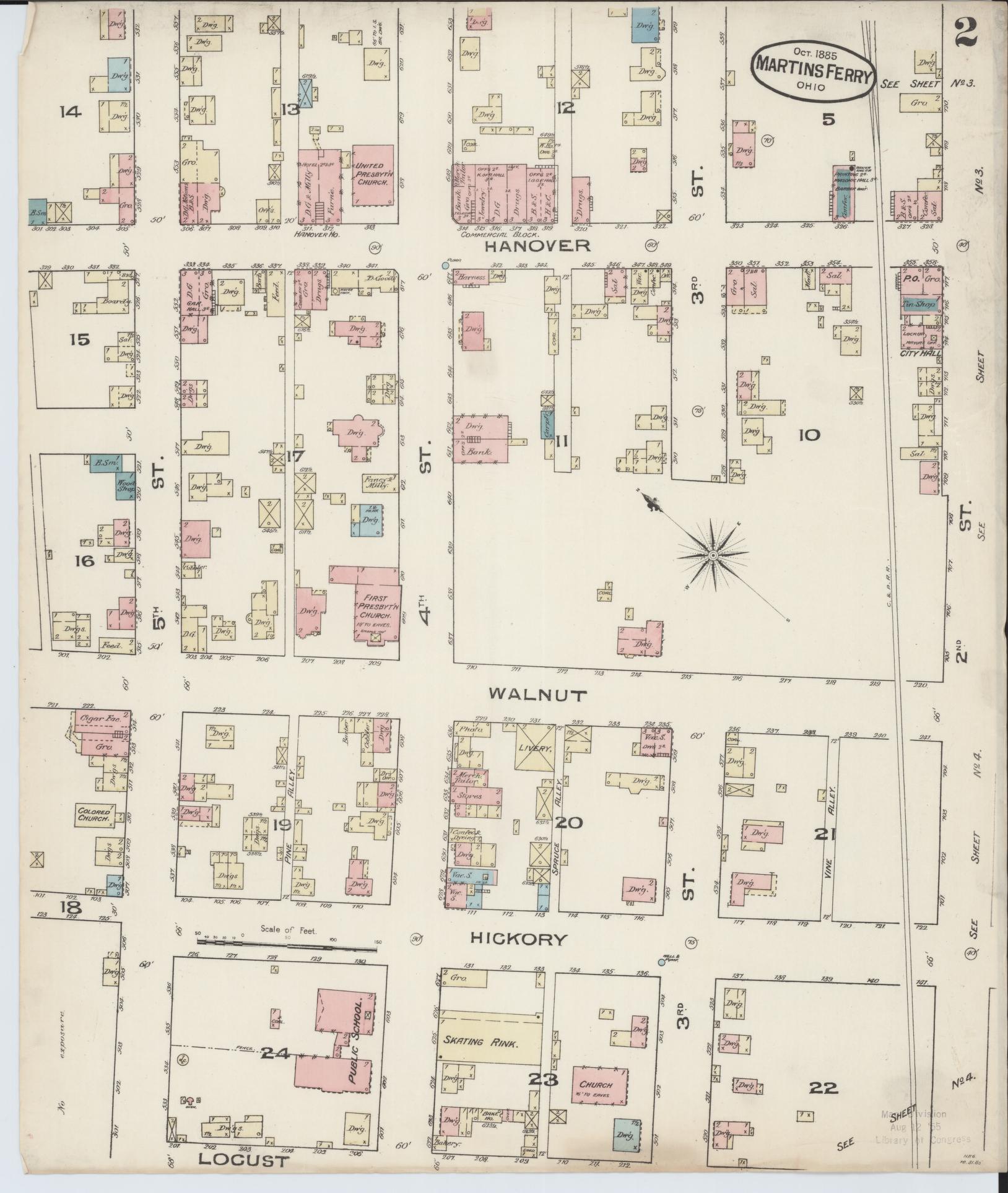 Sanborn Fire Insurance Map from Martins Ferry, Belmont County, Ohio (Unknown), Sheet #0002 - Historic Sanborn Fire Insurance Map Print, vintage old map wall art, antique decor, genealogy gift, Ohio Ohio map