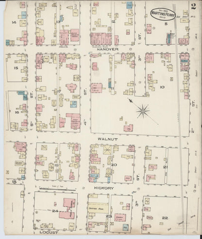 Sanborn Fire Insurance Map from Martins Ferry, Belmont County, Ohio (Unknown), Sheet #0002 - Historic Sanborn Fire Insurance Map Print, vintage old map wall art, antique decor, genealogy gift, Ohio Ohio map