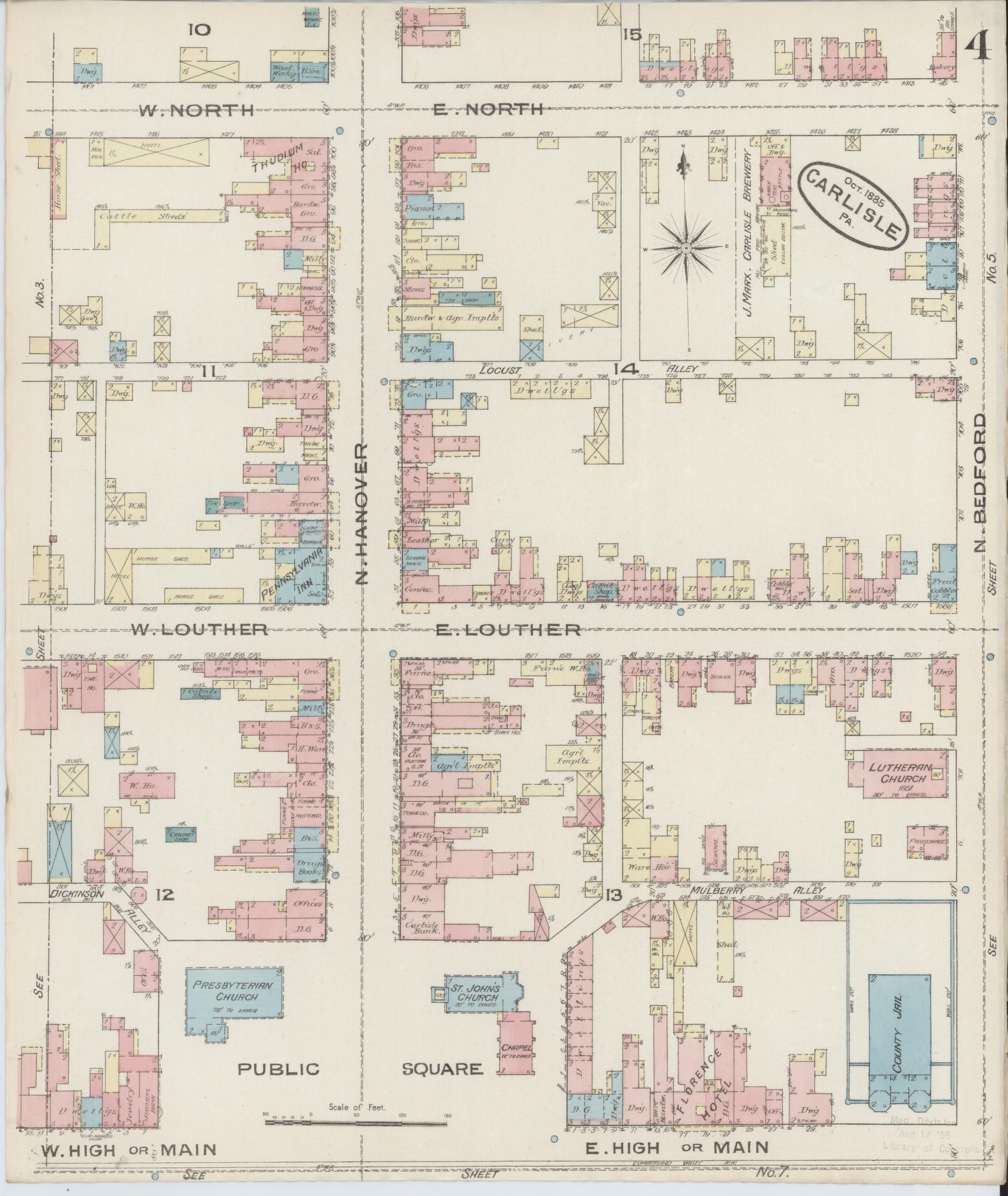 Sanborn Fire Insurance Map from Carlisle, Cumberland County, Pennsylvania (1885), Sheet #0004 - Historic Sanborn Fire Insurance Map Print, vintage old map wall art, antique decor, genealogy gift, Pennsylvania Pennsylvania map