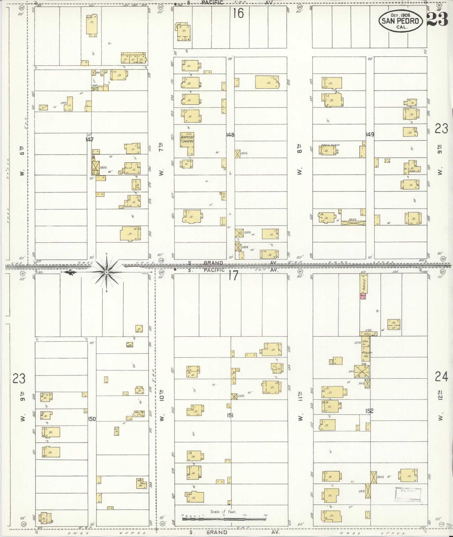 Sanborn Fire Insurance Map from San Pedro, Los Angeles County, California (1908), Sheet #0023 - Complete Map Set gallery image, historic Sanborn map, vintage wall art, California California