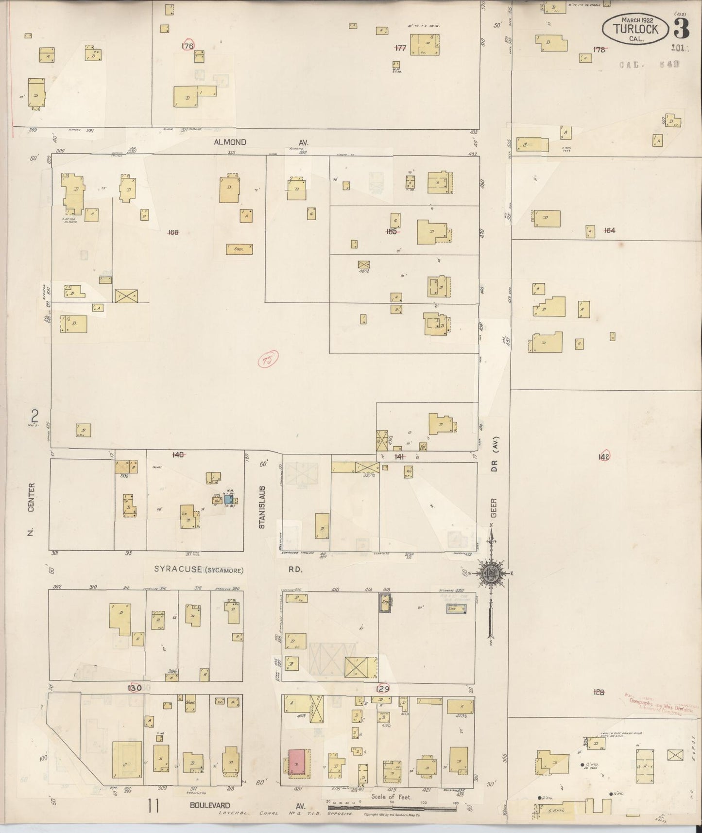 Sanborn Fire Insurance Map from Turlock, Stanislaus County, California (1943), Sheet #0003 - Complete Map Set gallery image, historic Sanborn map, vintage wall art, California California