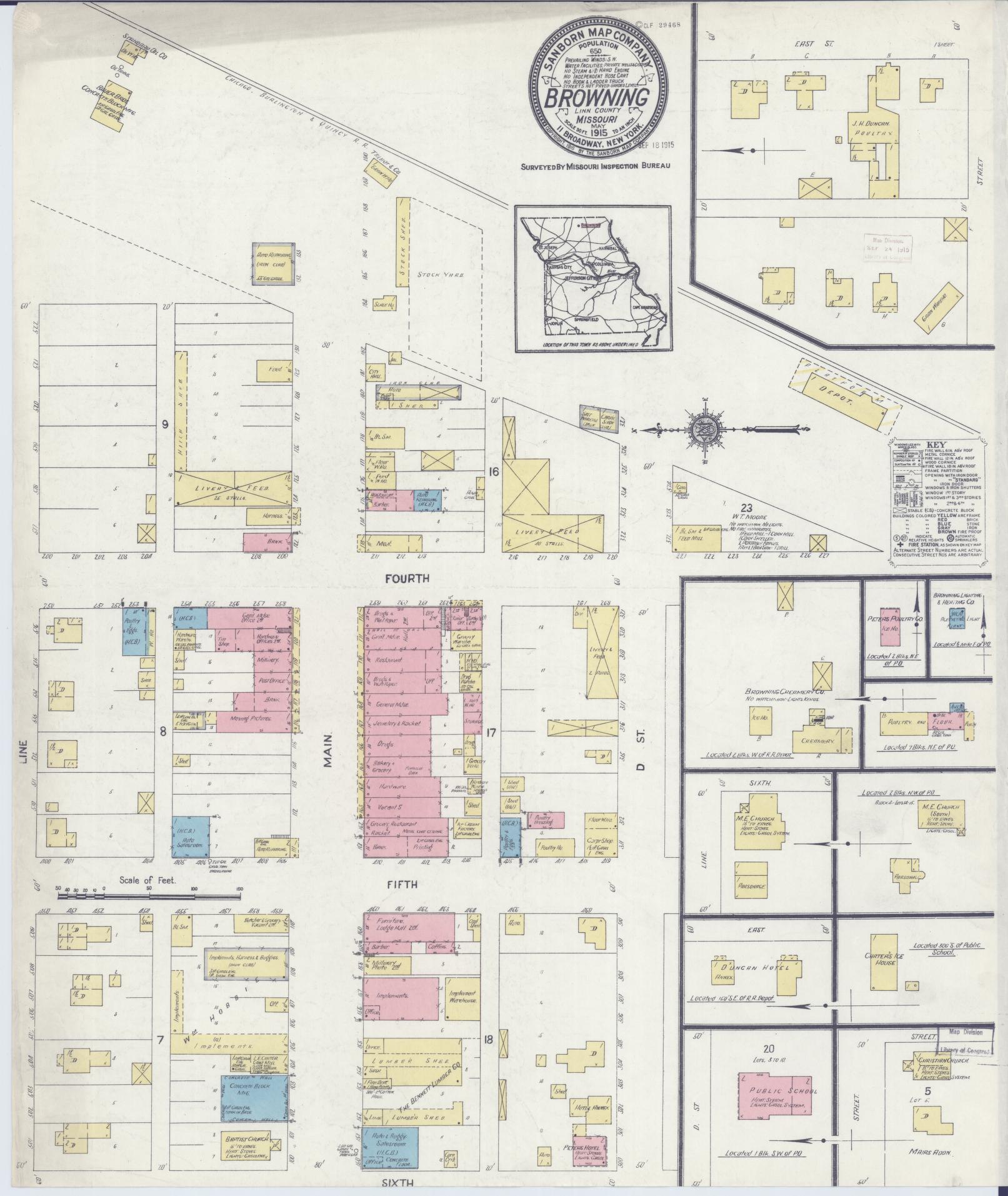 Sanborn Fire Insurance Map from Browning, Linn County, Missouri (1915), Sheet #0001 - Historic Sanborn Fire Insurance Map Print, vintage old map wall art, antique decor, genealogy gift, Missouri Missouri map