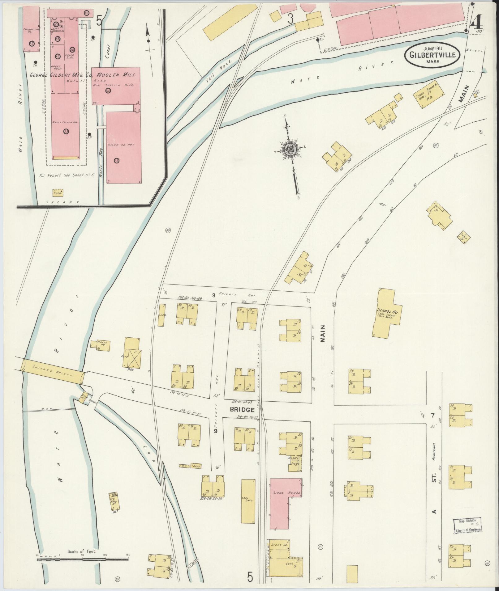 Sanborn Fire Insurance Map from Gilbertville, Worcester County, Massachusetts (1911), Sheet #0004 - Complete Map Set gallery image, historic Sanborn map, vintage wall art, Massachusetts Massachusetts
