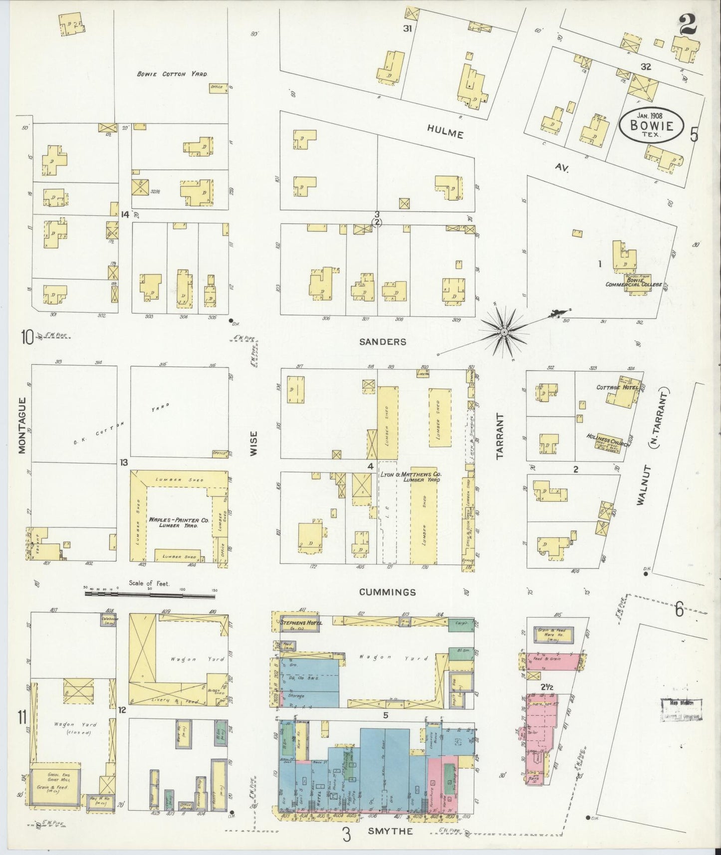 Sanborn Fire Insurance Map from Bowie, Montague County, Texas (1908), Sheet #0002 - Historic Sanborn Fire Insurance Map Print, vintage old map wall art, antique decor, genealogy gift, Texas Texas map