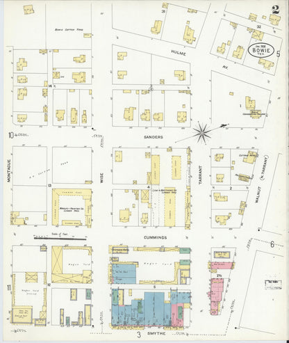 Sanborn Fire Insurance Map from Bowie, Montague County, Texas (1908), Sheet #0002 - Historic Sanborn Fire Insurance Map Print, vintage old map wall art, antique decor, genealogy gift, Texas Texas map