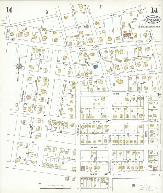 Sanborn Fire Insurance Map from Taylor, Williamson County, Texas (1923), Sheet #0014 - Historic Sanborn Fire Insurance Map Print, vintage old map wall art, antique decor, genealogy gift, Texas Texas map