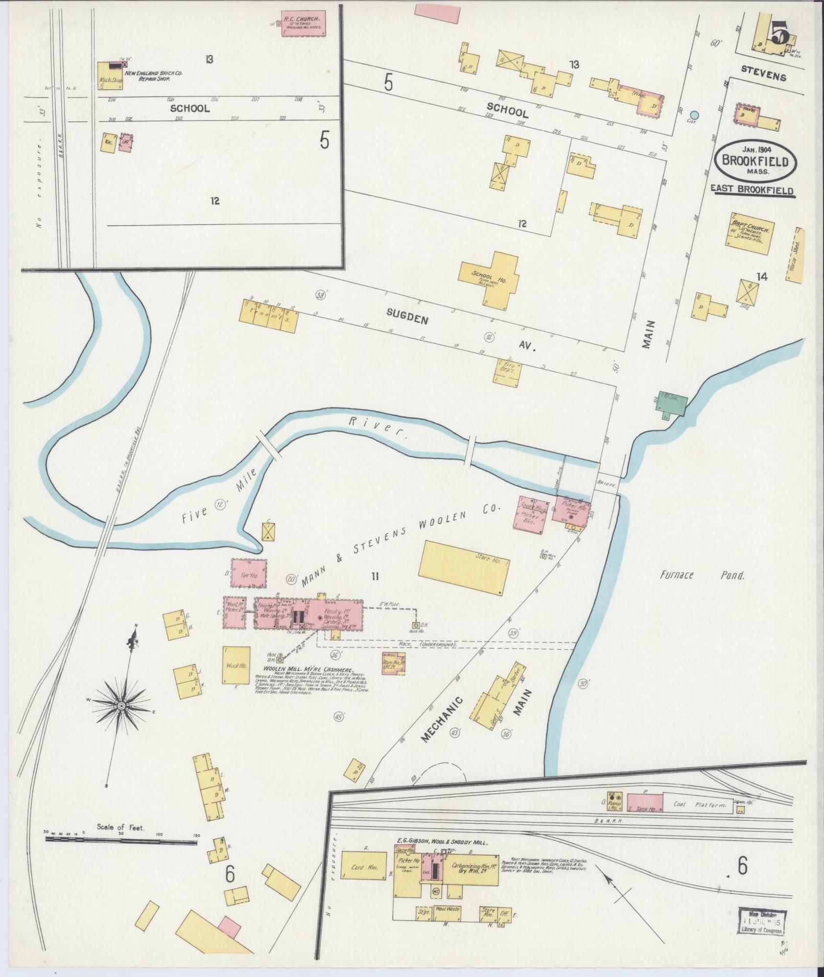 Sanborn Fire Insurance Map from Brookfield, Worcester County, Massachusetts (1904), Sheet #0005 - Historic Sanborn Fire Insurance Map Print, vintage old map wall art, antique decor, genealogy gift, Massachusetts Massachusetts map