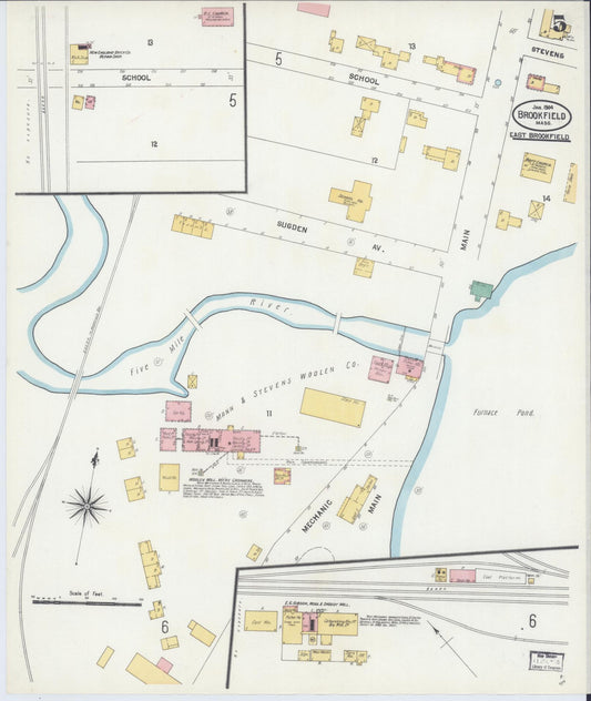 Sanborn Fire Insurance Map from Brookfield, Worcester County, Massachusetts (1904), Sheet #0005 - Historic Sanborn Fire Insurance Map Print, vintage old map wall art, antique decor, genealogy gift, Massachusetts Massachusetts map