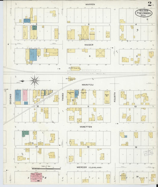 Sanborn Fire Insurance Map from Pinconning, Bay County, Michigan (1909), Sheet #0002 - Historic Sanborn Fire Insurance Map Print, vintage old map wall art, antique decor, genealogy gift, Michigan Michigan map