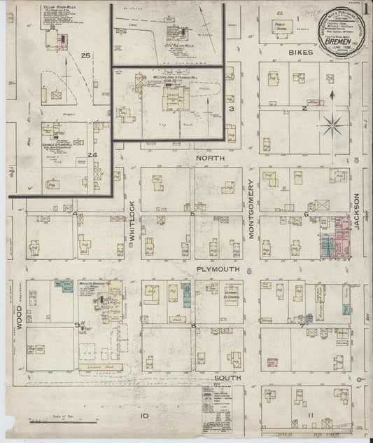 Sanborn Fire Insurance Map from Bremen, Marshall County, Indiana (1886), Sheet #0001 - Historic Sanborn Fire Insurance Map Print, vintage old map wall art, antique decor, genealogy gift, Indiana Indiana map