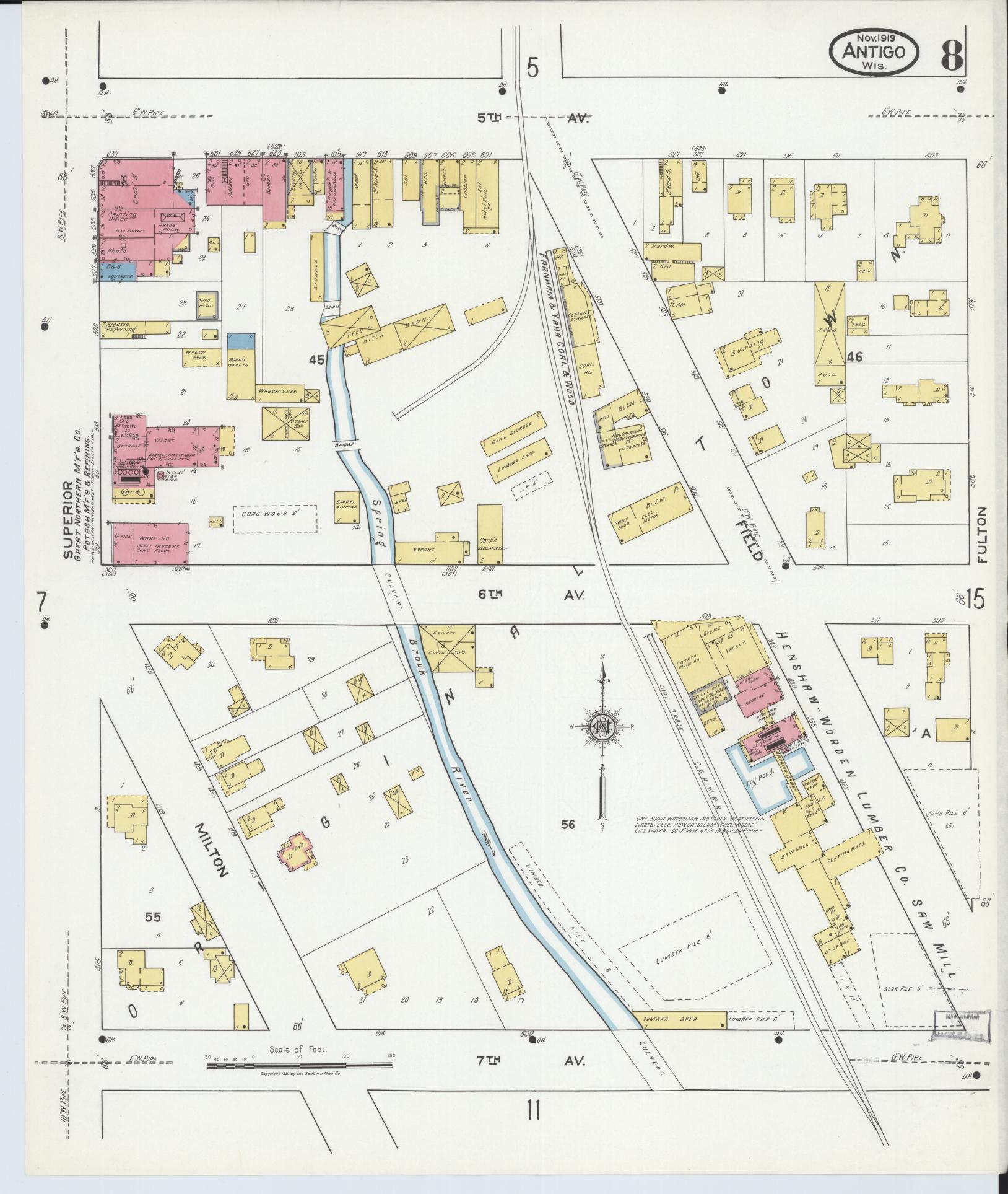 Sanborn Fire Insurance Map from Antigo, Langlade County, Wisconsin (1919), Sheet #0008 - Historic Sanborn Fire Insurance Map Print, vintage old map wall art, antique decor, genealogy gift, Wisconsin Wisconsin map