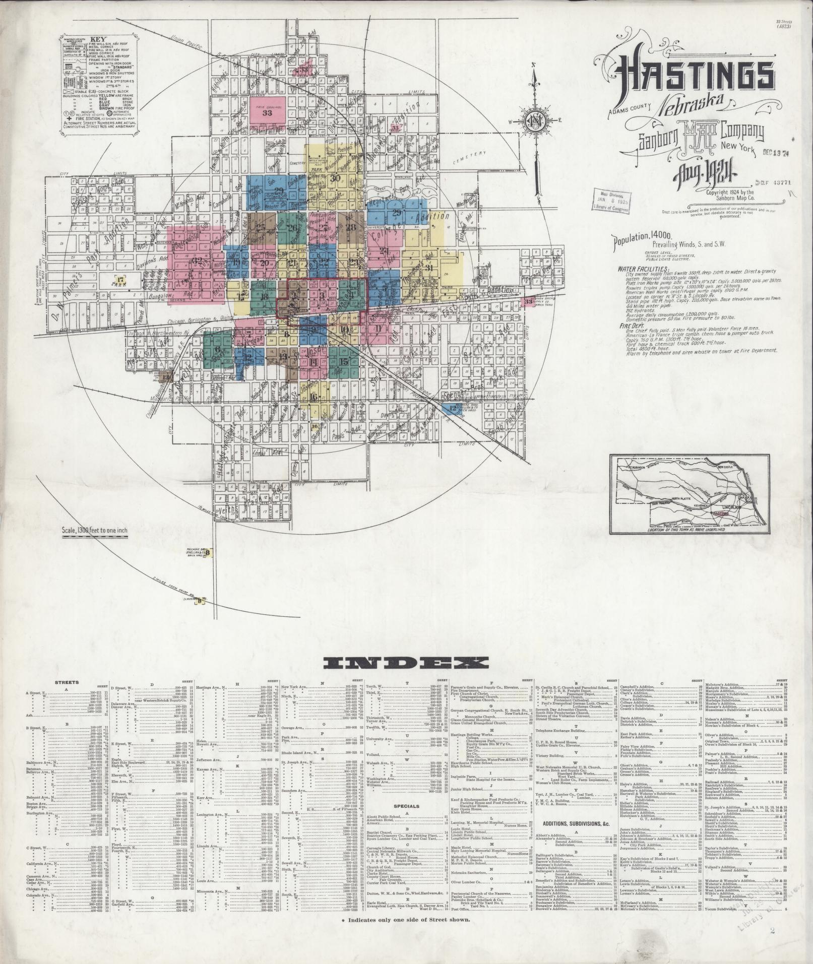 Sanborn Fire Insurance Map from Hastings, Adams County, Nebraska (1924), Sheet #0001 - Complete Map Set gallery image, historic Sanborn map, vintage wall art, Nebraska Nebraska