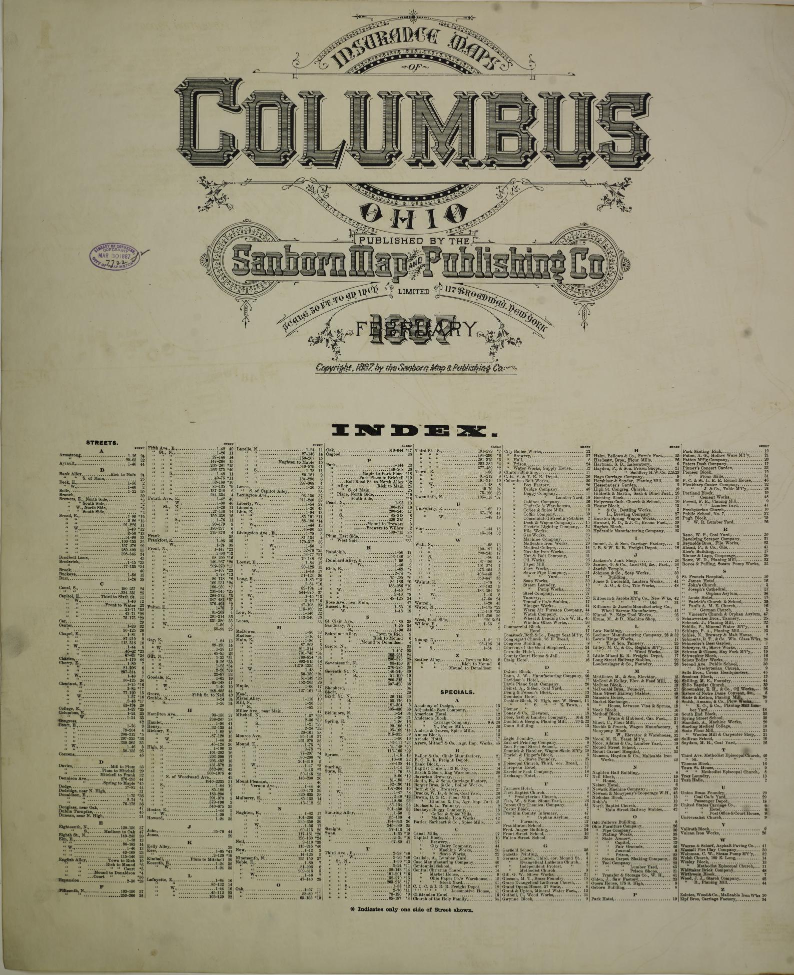 Sanborn Fire Insurance Map from Columbus, Franklin County, Ohio (1887), Sheet #0001 - Historic Sanborn Fire Insurance Map Print, vintage old map wall art, antique decor, genealogy gift, Ohio Ohio map