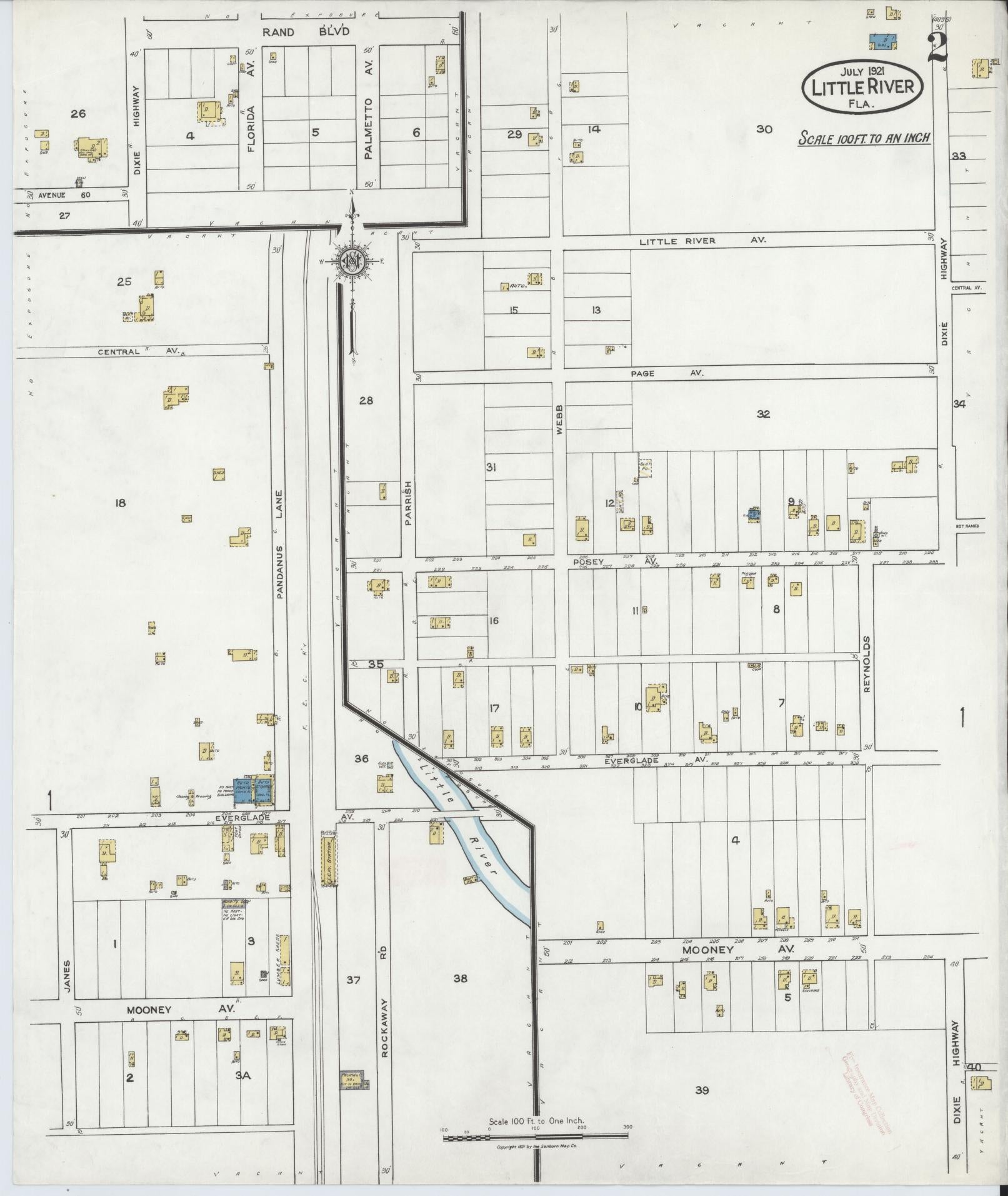 Sanborn Fire Insurance Map from Little River, Dade County, Florida (1921), Sheet #0002 - Complete Map Set gallery image, historic Sanborn map, vintage wall art, Florida Florida