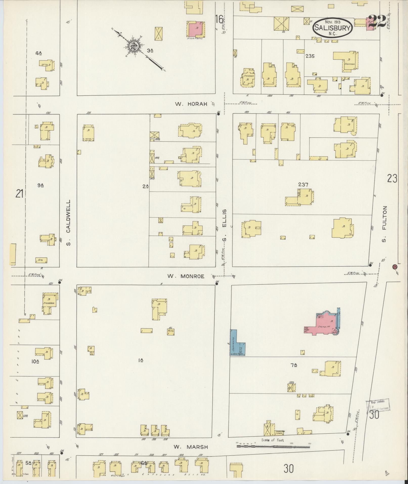 Sanborn Fire Insurance Map from Salisbury, Rowan County, North Carolina (1913), Sheet #0022 - Historic Sanborn Fire Insurance Map Print, vintage old map wall art, antique decor, genealogy gift, North Carolina North Carolina map