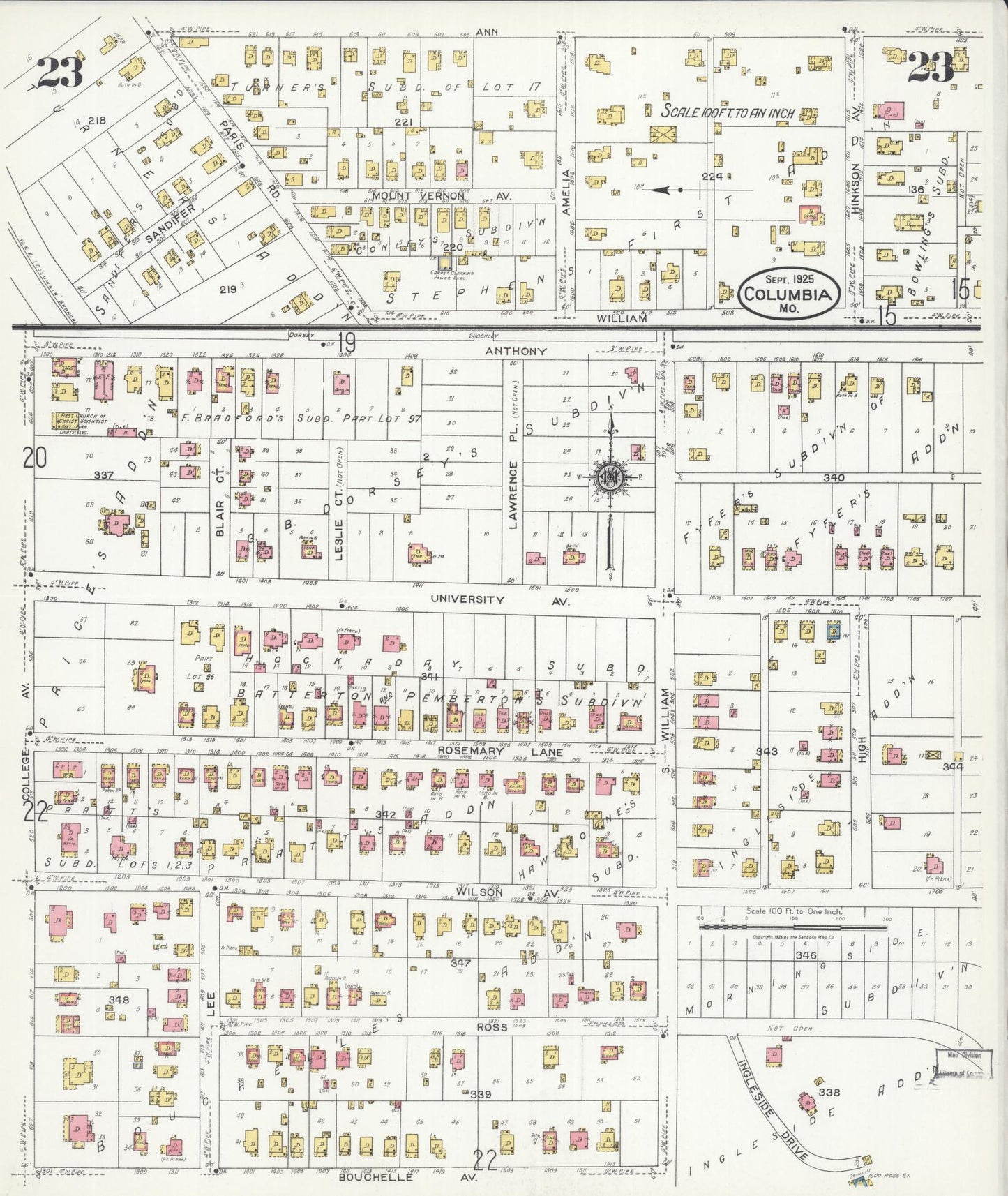 Sanborn Fire Insurance Map from Columbia, Boone County, Missouri (1925), Sheet #0023 - Complete Map Set gallery image, historic Sanborn map, vintage wall art, Missouri Missouri