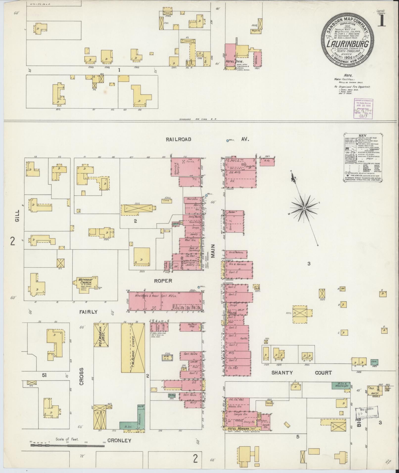 Sanborn Fire Insurance Map from Laurinburg, Scotland County, North Carolina (1904), Sheet #0001 - Complete Map Set gallery image, historic Sanborn map, vintage wall art, North Carolina North Carolina