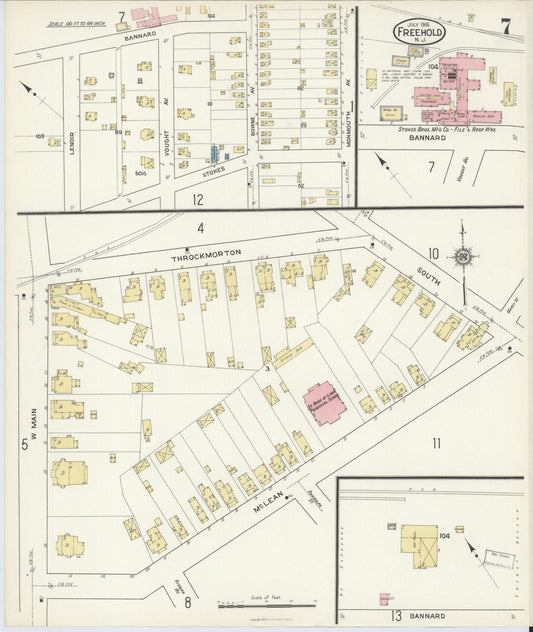 Sanborn Fire Insurance Map from Freehold, Monmouth County, New Jersey (1916), Sheet #0007 - Historic Sanborn Fire Insurance Map Print, vintage old map wall art, antique decor, genealogy gift, New Jersey New Jersey map