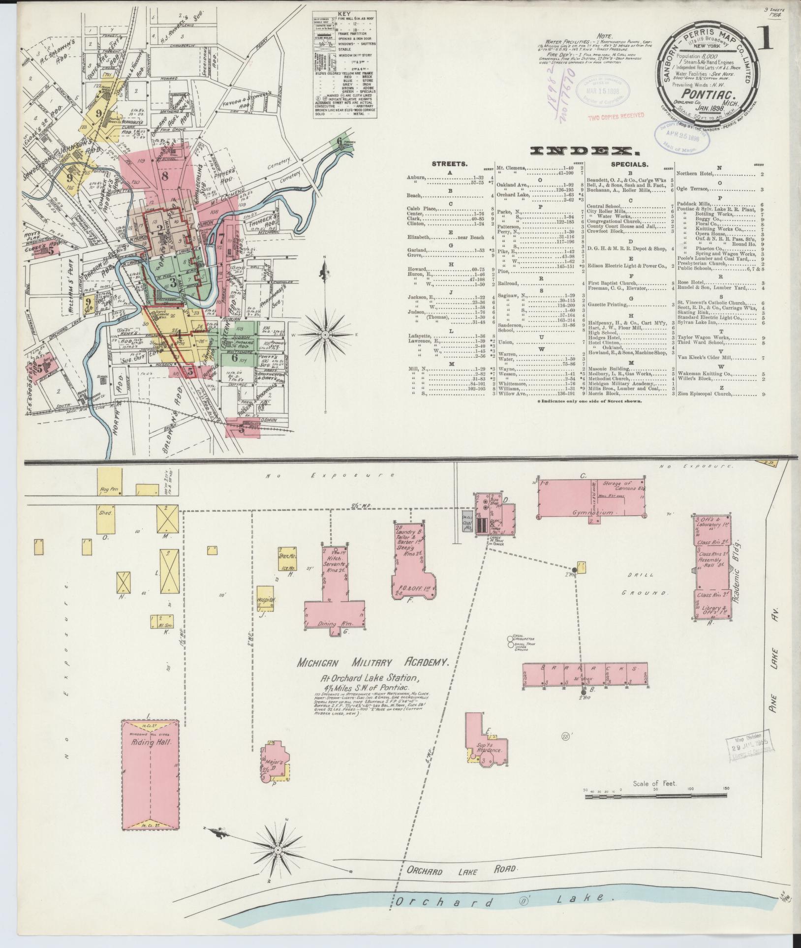 Sanborn Fire Insurance Map from Pontiac, Oakland County, Michigan (1898), Sheet #0001 - Complete Map Set gallery image, historic Sanborn map, vintage wall art, Michigan Michigan