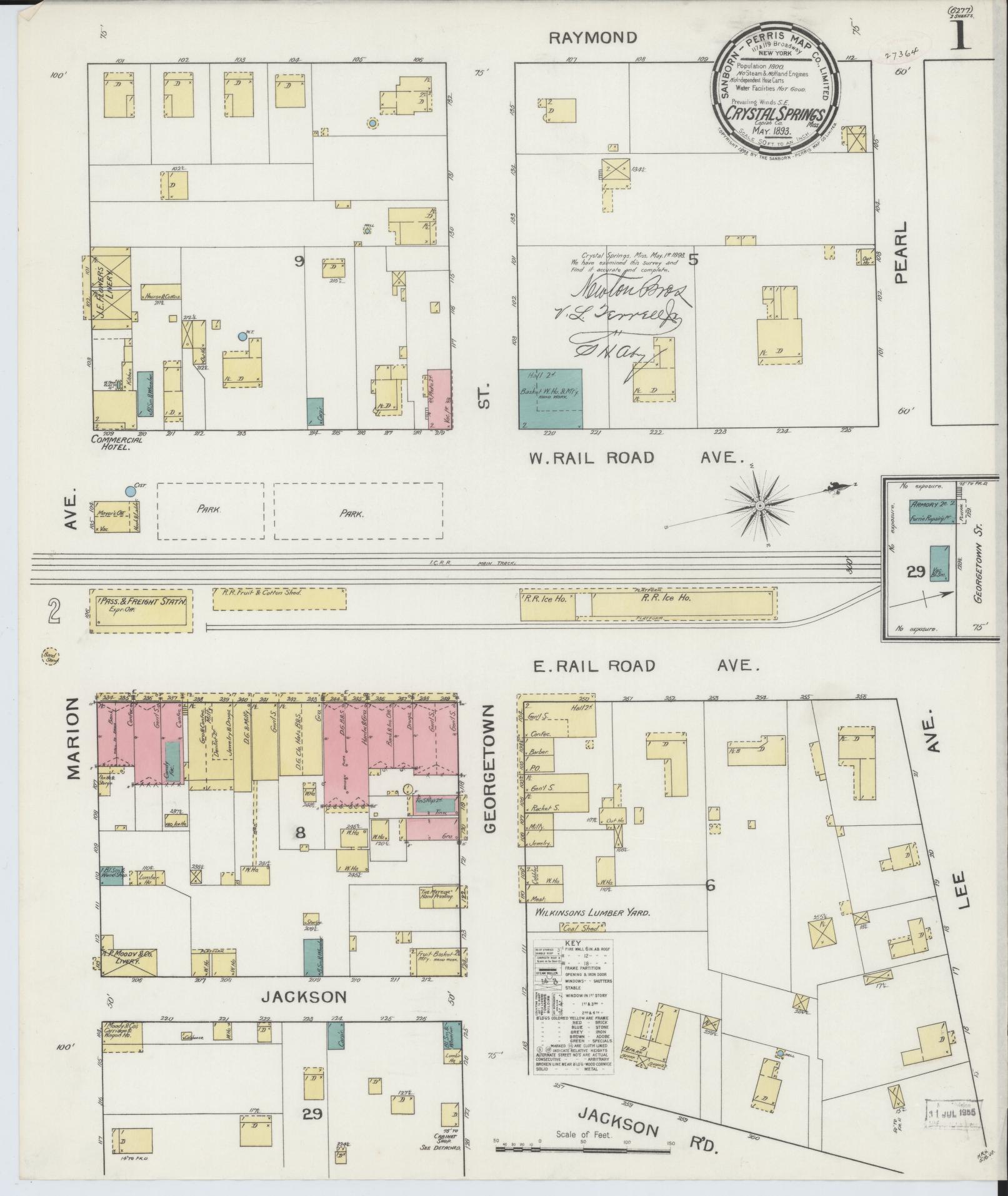 Sanborn Fire Insurance Map from Crystal Springs, Copiah County, Mississippi (1893), Sheet #0001 - Historic Sanborn Fire Insurance Map Print, vintage old map wall art, antique decor, genealogy gift, Mississippi Mississippi map