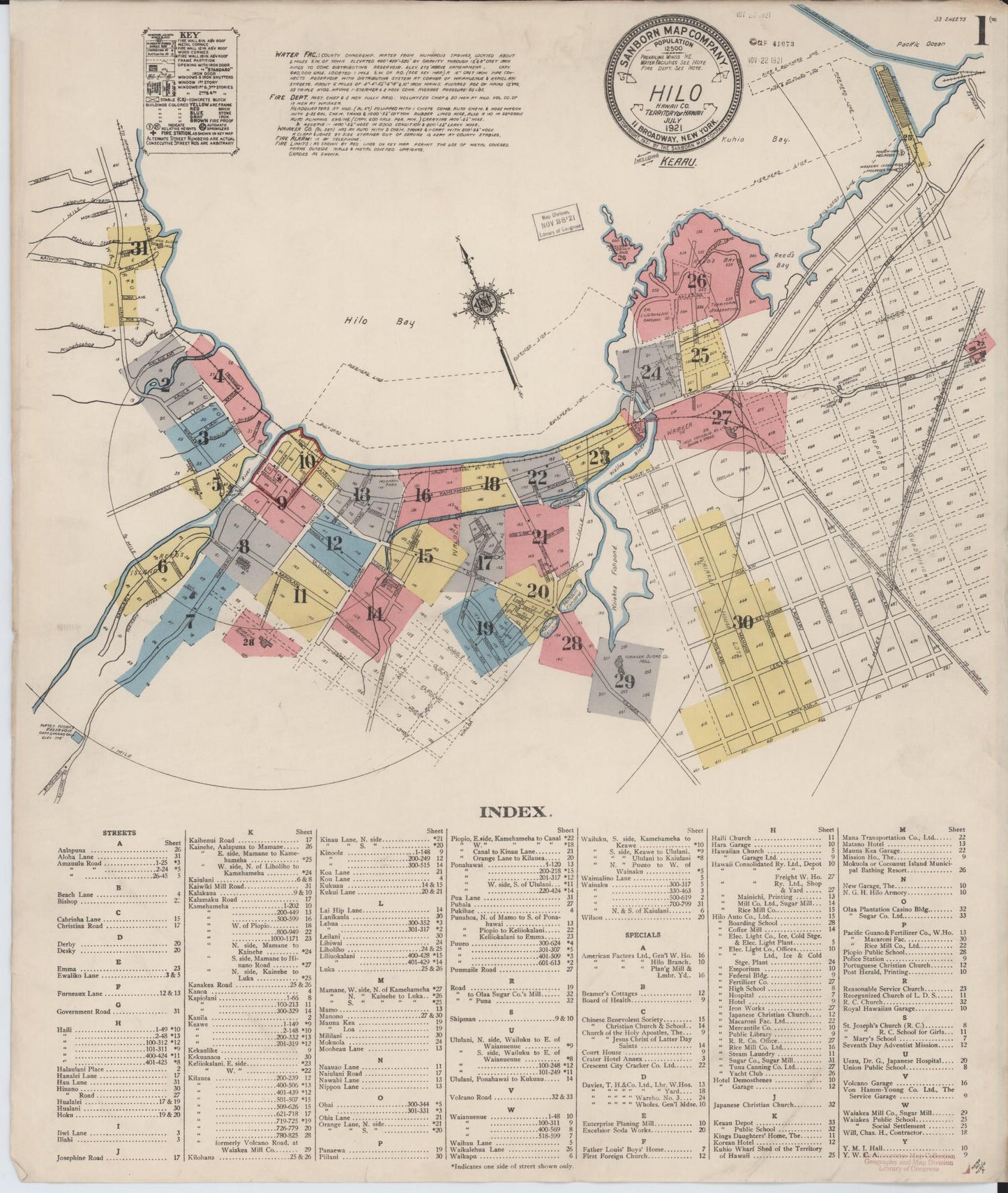 Sanborn Fire Insurance Map from Hilo, Hawaii County, Hawaii (1921), Sheet #0001 - Historic Sanborn Fire Insurance Map Print