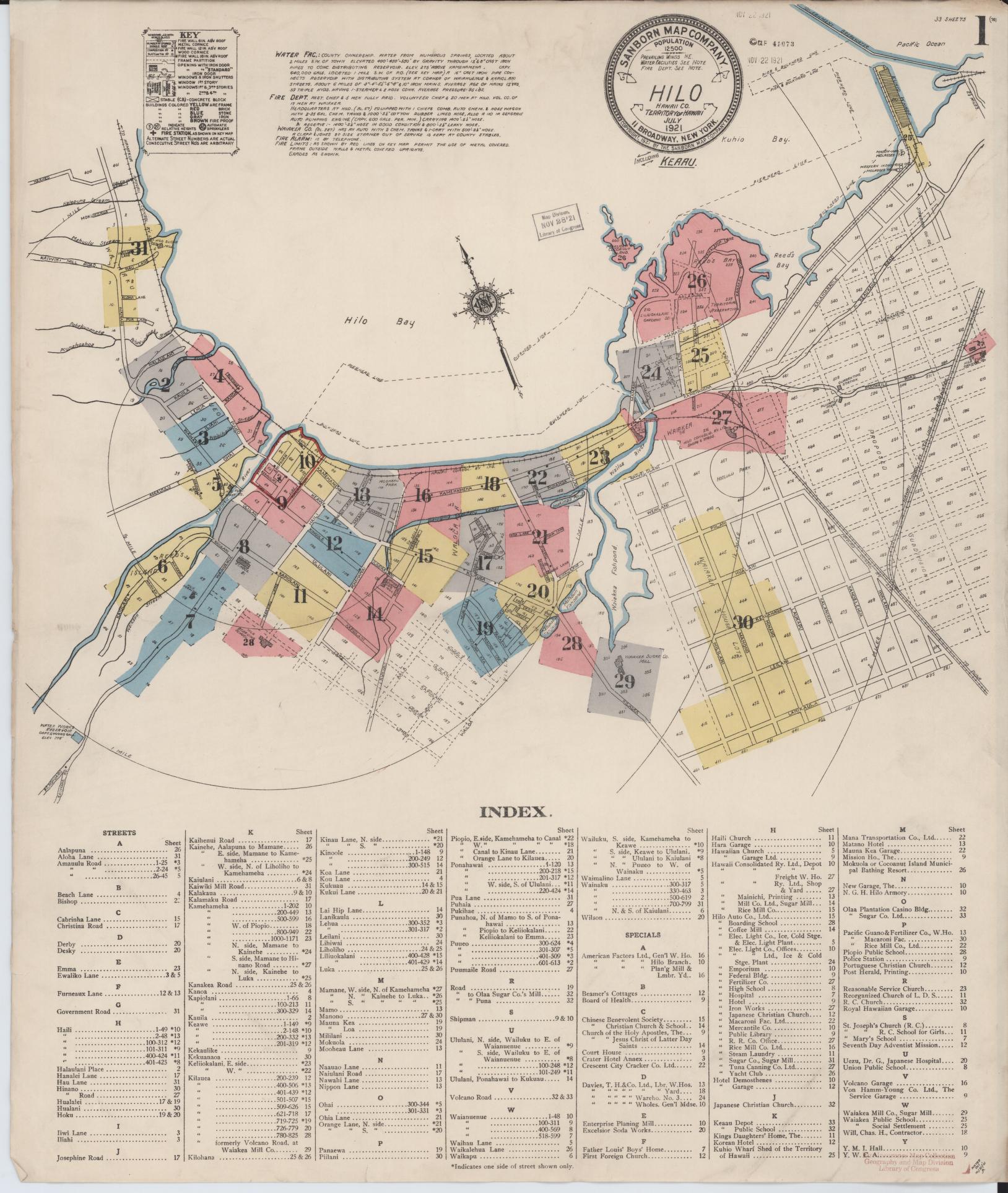 Sanborn Fire Insurance Map from Hilo, Hawaii County, Hawaii (1921), Sheet #0001 - Historic Sanborn Fire Insurance Map Print