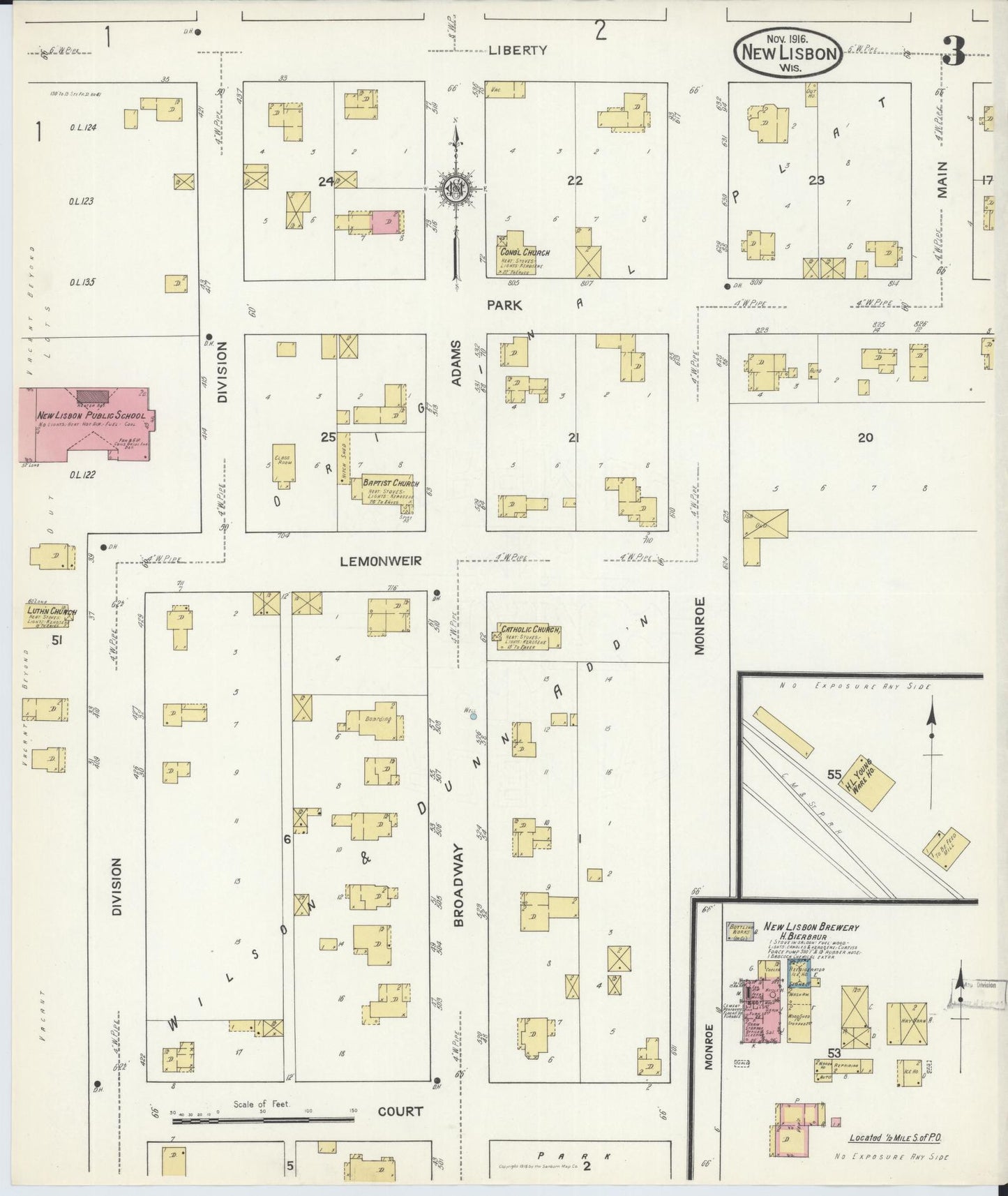 Sanborn Fire Insurance Map from New Lisbon, Juneau County, Wisconsin (1916), Sheet #0003 - Historic Sanborn Fire Insurance Map Print, vintage old map wall art, antique decor, genealogy gift, Wisconsin Wisconsin map