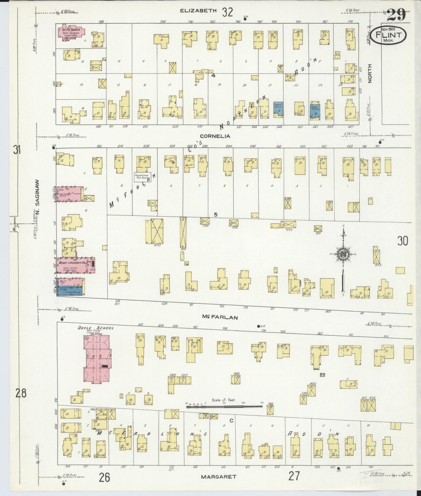 Sanborn Fire Insurance Map from Flint, Genesee County, Michigan (1909), Sheet #0029 - Historic Sanborn Fire Insurance Map Print, vintage old map wall art, antique decor, genealogy gift, Michigan Michigan map