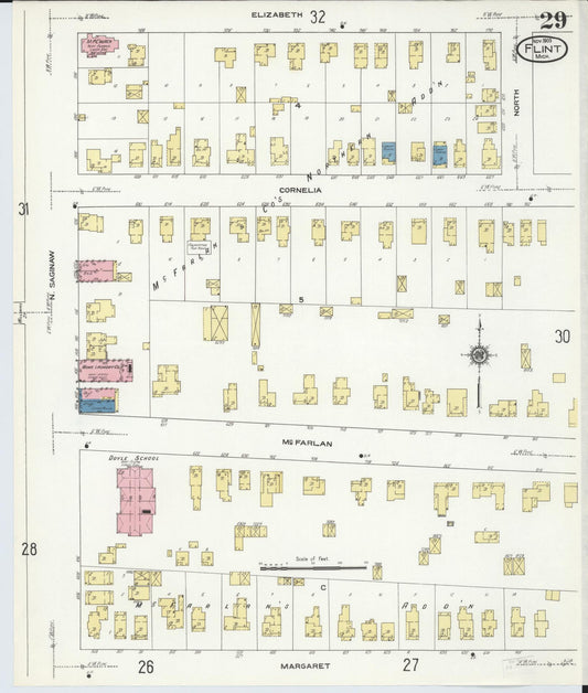 Sanborn Fire Insurance Map from Flint, Genesee County, Michigan (1909), Sheet #0029 - Historic Sanborn Fire Insurance Map Print, vintage old map wall art, antique decor, genealogy gift, Michigan Michigan map