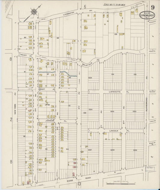 Sanborn Fire Insurance Map from Lyndhurst, Bergen County, New Jersey (1915), Sheet #0009 - Historic Sanborn Fire Insurance Map Print, vintage old map wall art, antique decor, genealogy gift, New Jersey New Jersey map