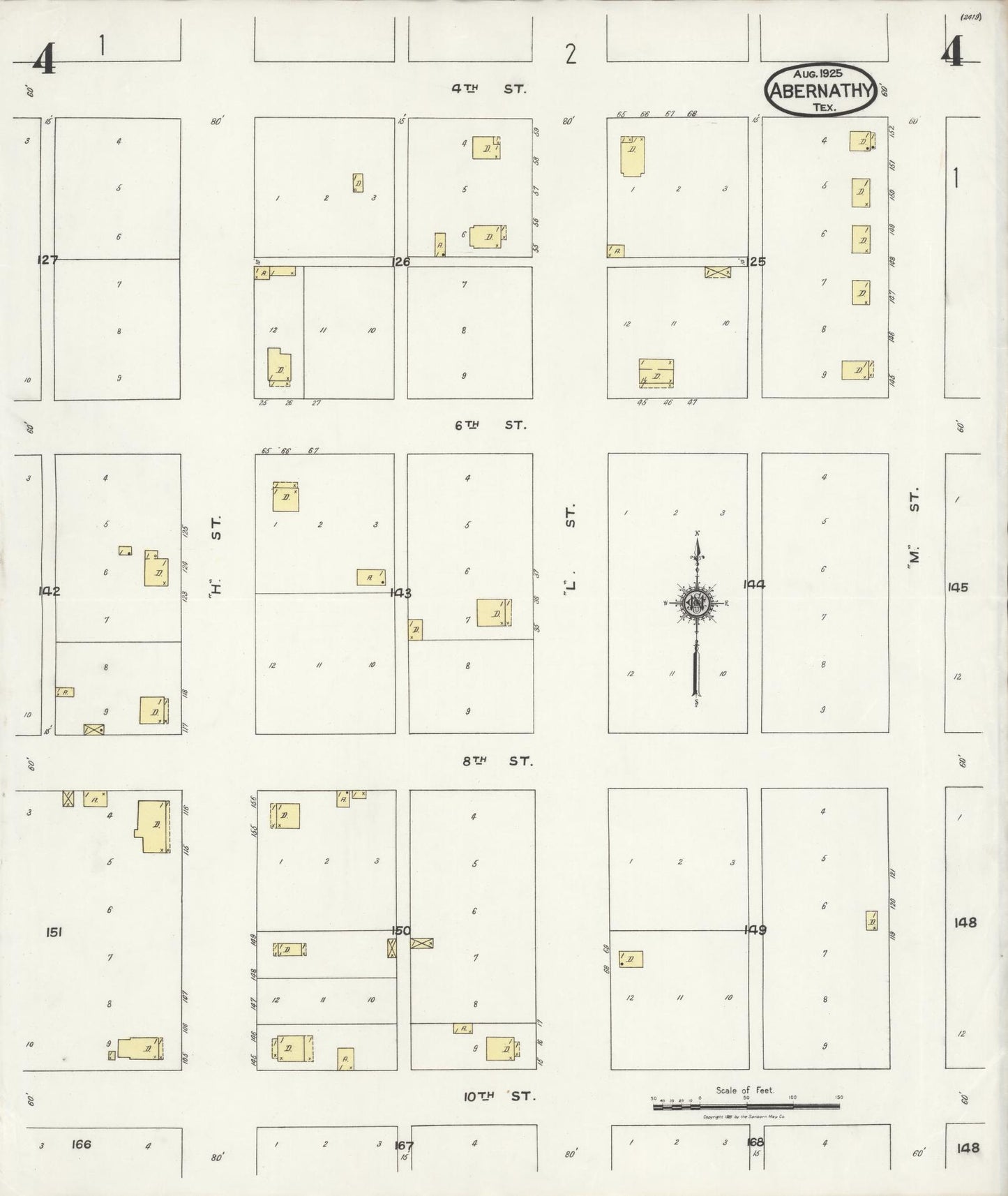 Sanborn Fire Insurance Map from Abernathy, Hale County, Texas (1925), Sheet #0004 - Historic Sanborn Fire Insurance Map Print, vintage old map wall art, antique decor, genealogy gift, Texas Texas map