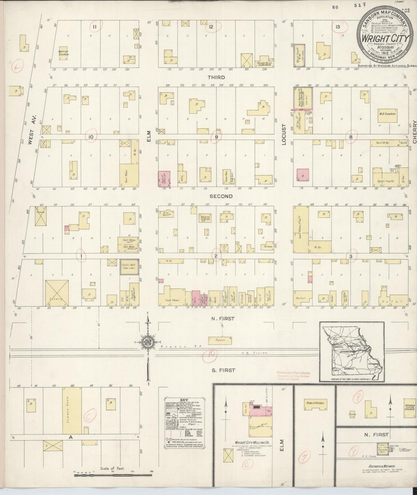 Sanborn Fire Insurance Map from Wright City, Warren County, Missouri (1912), Sheet #0001 - Historic Sanborn Fire Insurance Map Print, vintage old map wall art, antique decor, genealogy gift, Missouri Missouri map