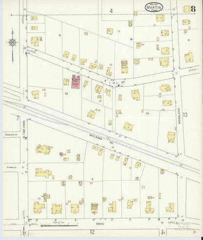 Sanborn Fire Insurance Map from Martin, Weakley County, Tennessee (1913), Sheet #0008 - Complete Map Set gallery image, historic Sanborn map, vintage wall art, Tennessee Tennessee
