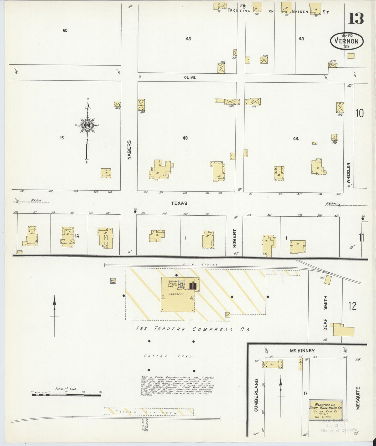Sanborn Fire Insurance Map from Vernon, Wilbarger County, Texas (1912), Sheet #0013 - Complete Map Set gallery image, historic Sanborn map, vintage wall art, Texas Texas