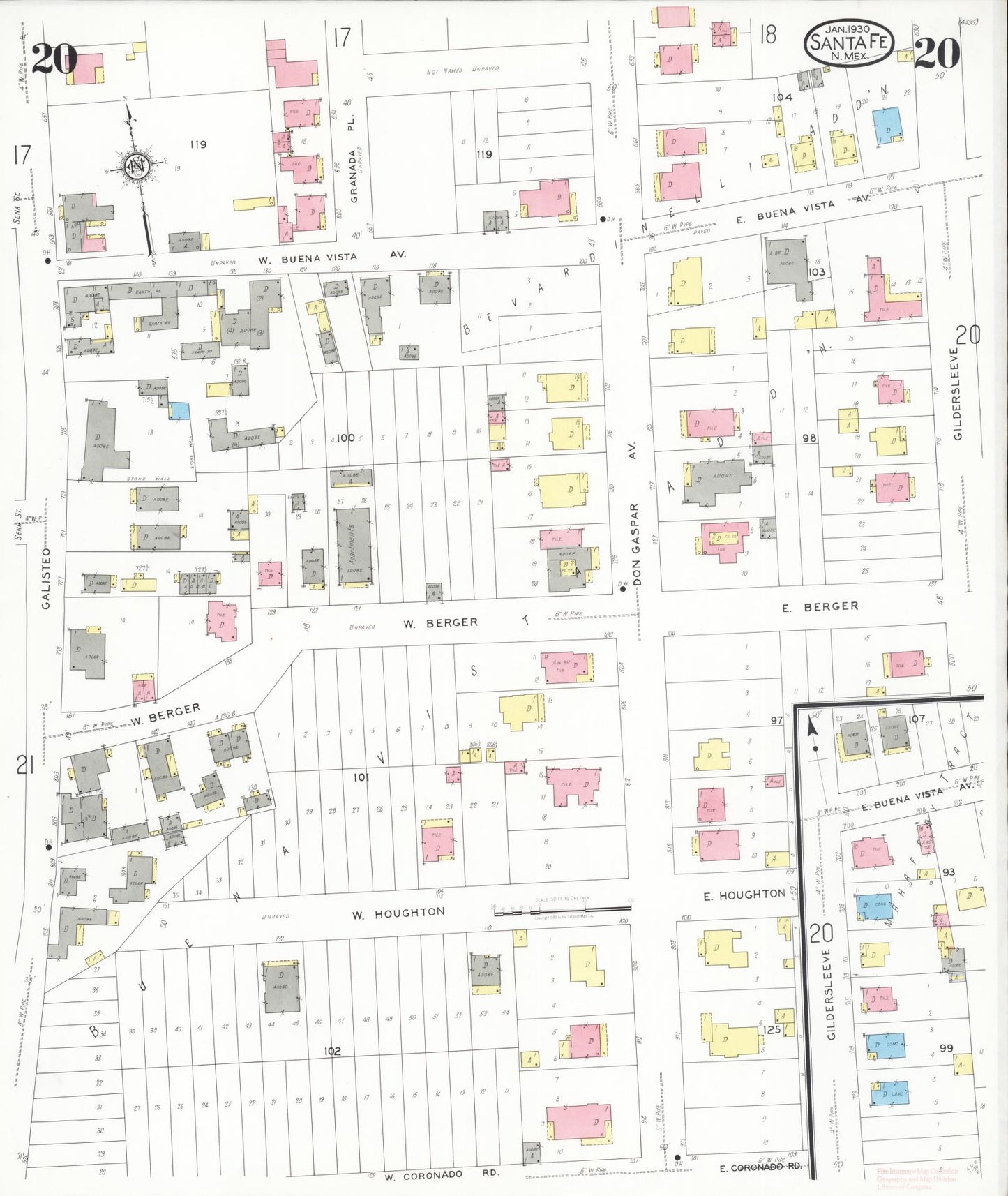 Sanborn Fire Insurance Map from Santa Fe, Santa Fe County, New Mexico (1930), Sheet #0020 - Complete Map Set gallery image, historic Sanborn map, vintage wall art, New Mexico New Mexico