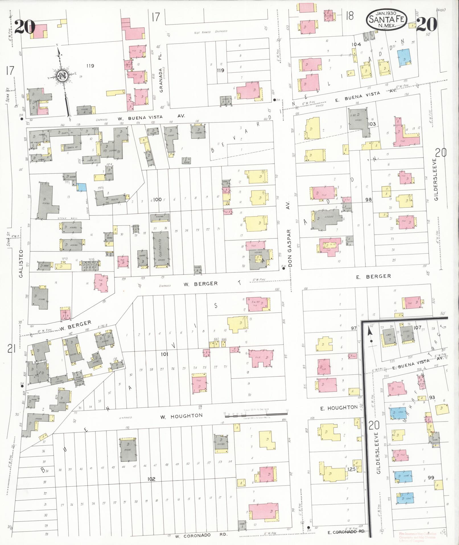 Sanborn Fire Insurance Map from Santa Fe, Santa Fe County, New Mexico (1930), Sheet #0020 - Complete Map Set gallery image, historic Sanborn map, vintage wall art, New Mexico New Mexico