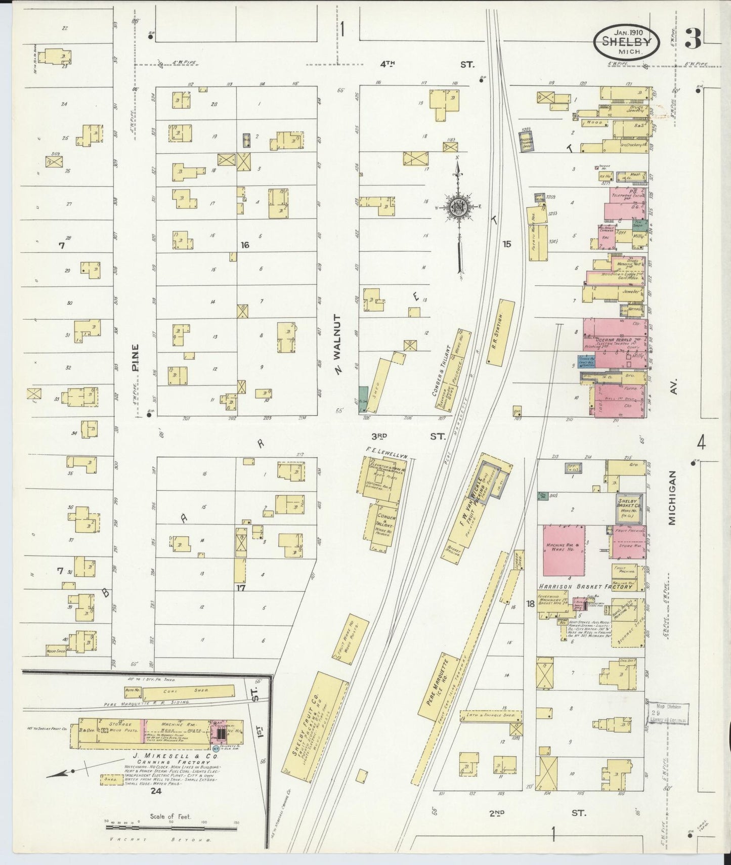 Sanborn Fire Insurance Map from Shelby, Oceana County, Michigan (1910), Sheet #0003 - Complete Map Set gallery image, historic Sanborn map, vintage wall art, Michigan Michigan