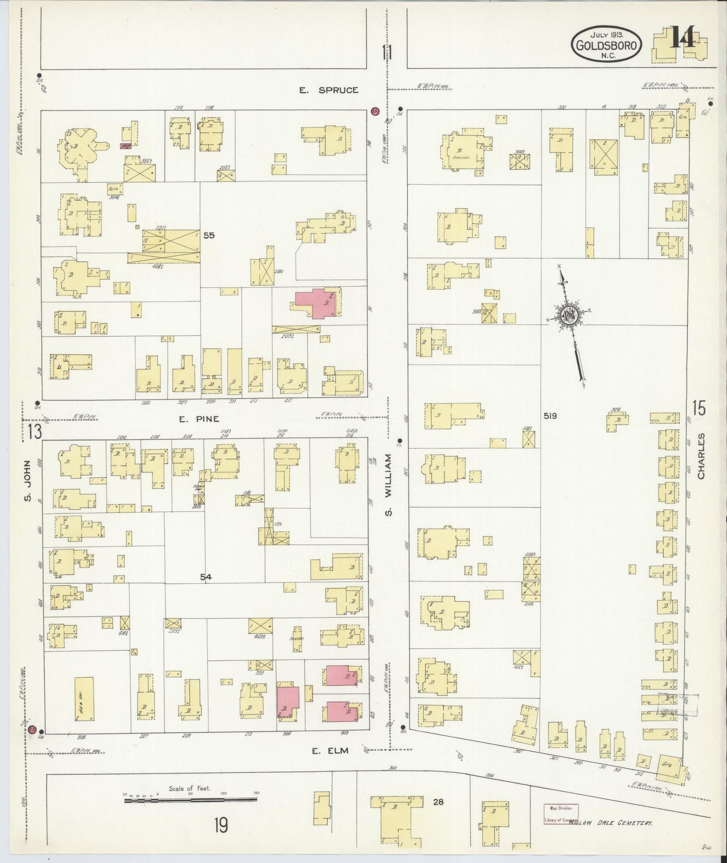 Sanborn Fire Insurance Map from Goldsboro, Wayne County, North Carolina (1913), Sheet #0014 - Historic Sanborn Fire Insurance Map Print, vintage old map wall art, antique decor, genealogy gift, North Carolina North Carolina map