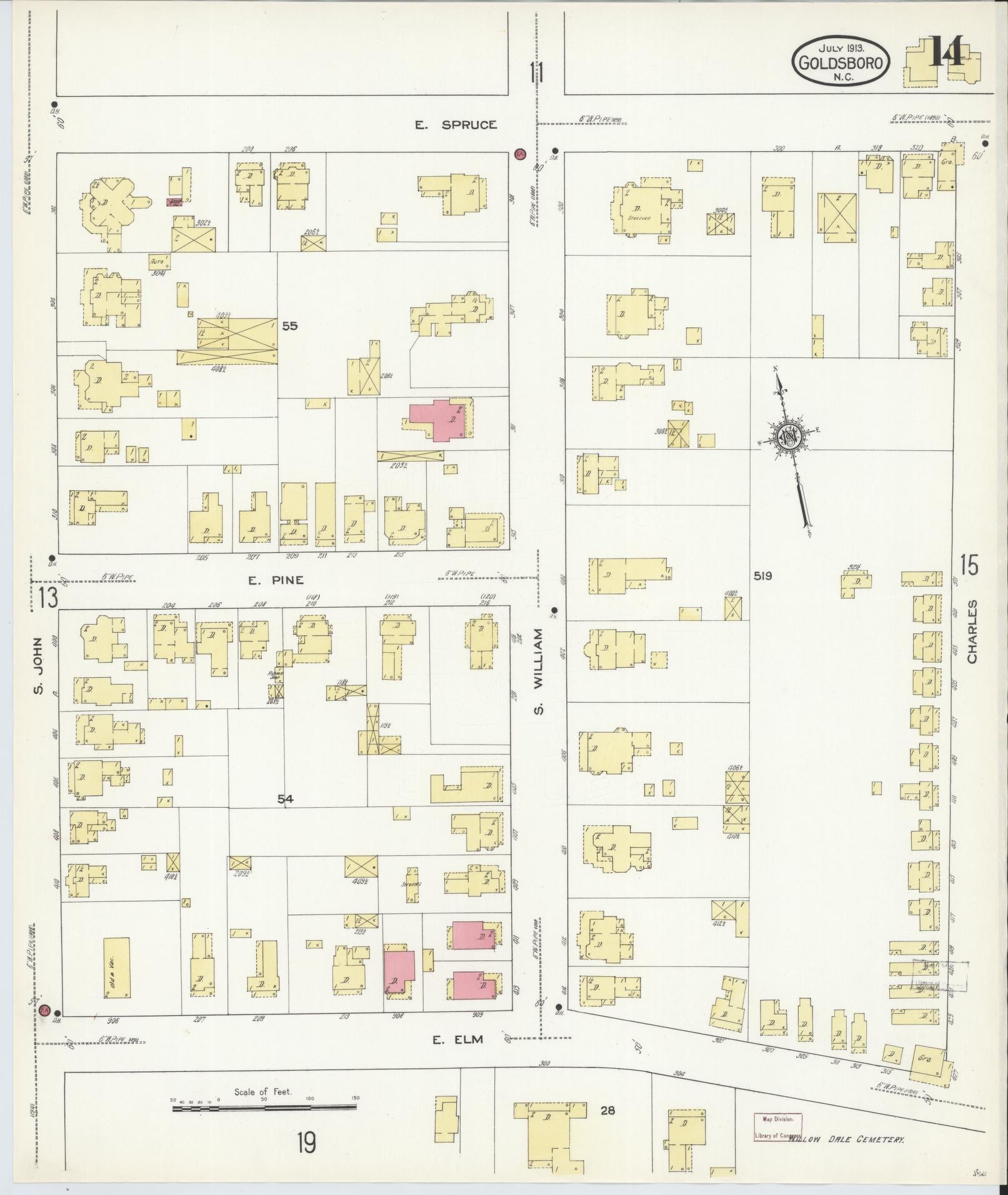 Sanborn Fire Insurance Map from Goldsboro, Wayne County, North Carolina (1913), Sheet #0014 - Historic Sanborn Fire Insurance Map Print, vintage old map wall art, antique decor, genealogy gift, North Carolina North Carolina map