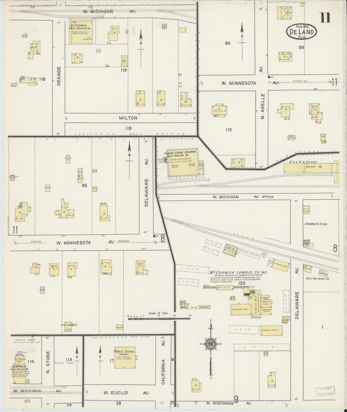 Sanborn Fire Insurance Map from De Land, Volusia County, Florida (1915), Sheet #0011 - Complete Map Set gallery image, historic Sanborn map, vintage wall art, Florida Florida