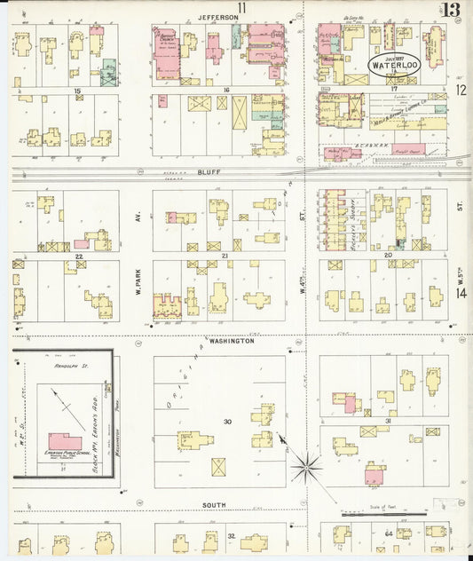 Sanborn Fire Insurance Map from Waterloo, Black Hawk County, Iowa (1897), Sheet #0013 - Historic Sanborn Fire Insurance Map Print, vintage old map wall art