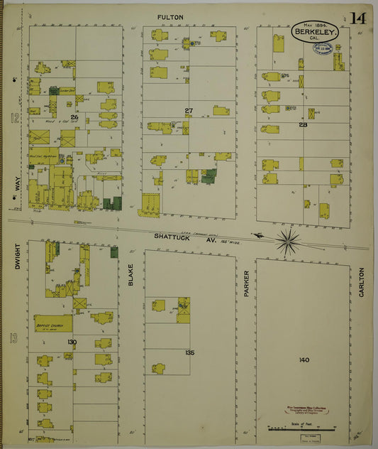 Sanborn Fire Insurance Map from Berkeley, Alameda County, California (1894), Sheet #0014 - Historic Sanborn Fire Insurance Map Print, vintage old map wall art, antique decor, genealogy gift, California California map