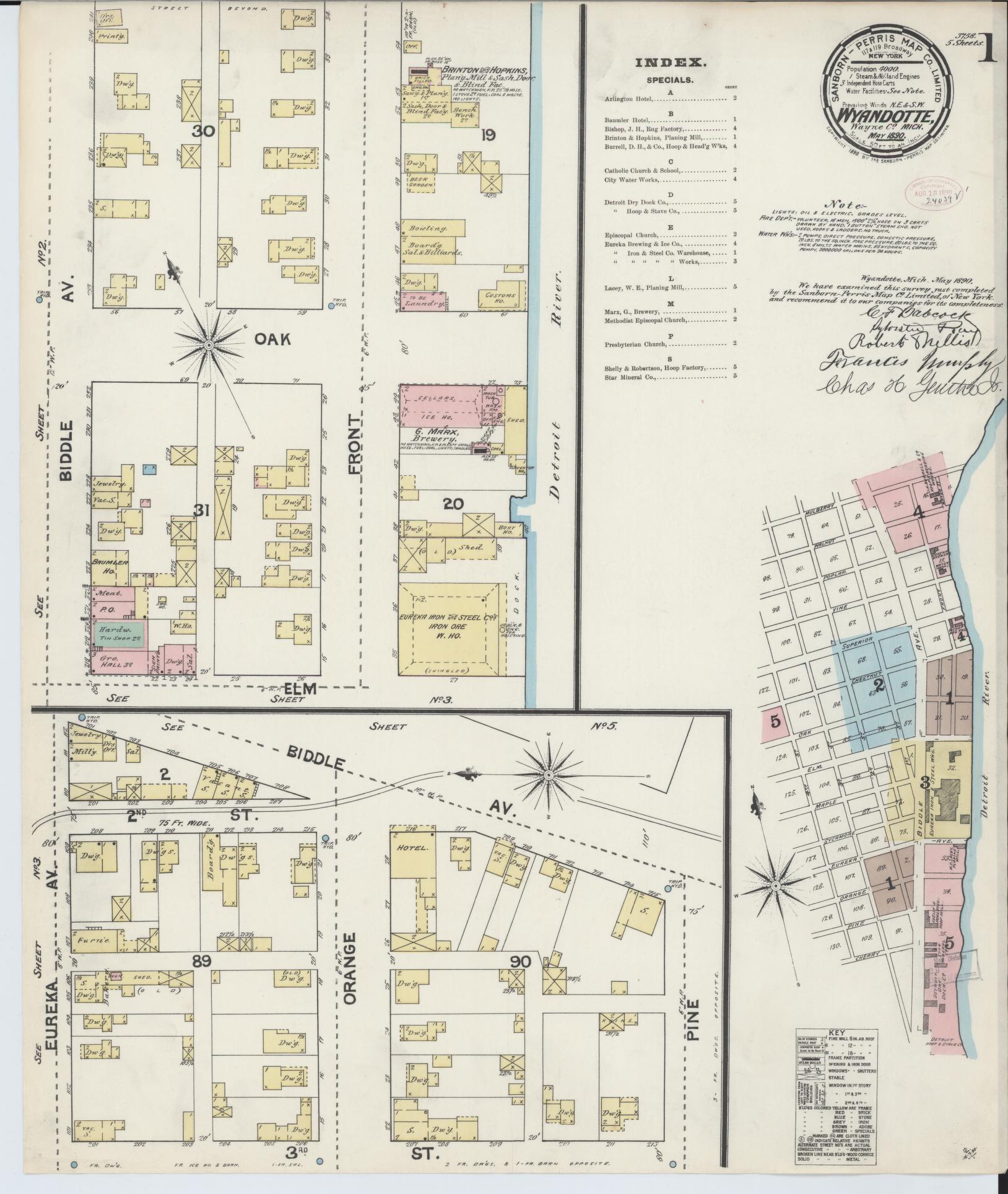 Sanborn Fire Insurance Map from Wyandotte, Wayne County, Michigan (1890), Sheet #0001 - Historic Sanborn Fire Insurance Map Print, vintage old map wall art, antique decor, genealogy gift, Michigan Michigan map