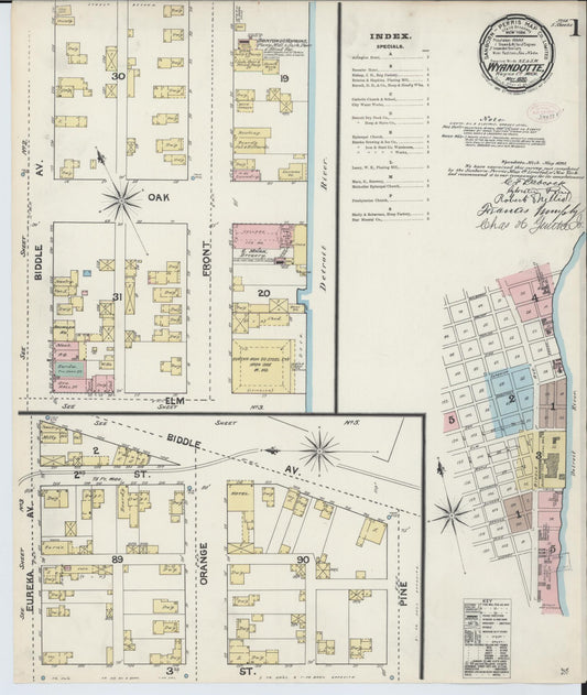 Sanborn Fire Insurance Map from Wyandotte, Wayne County, Michigan (1890), Sheet #0001 - Historic Sanborn Fire Insurance Map Print, vintage old map wall art, antique decor, genealogy gift, Michigan Michigan map