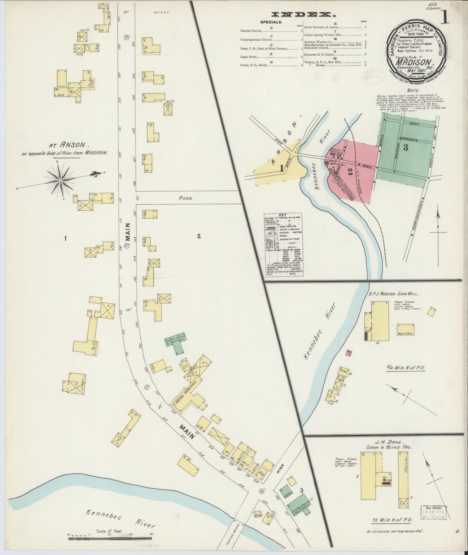 Sanborn Fire Insurance Map from Madison, Somerset County, Maine (1897), Sheet #0001 - Complete Map Set gallery image, historic Sanborn map, vintage wall art, Maine Maine