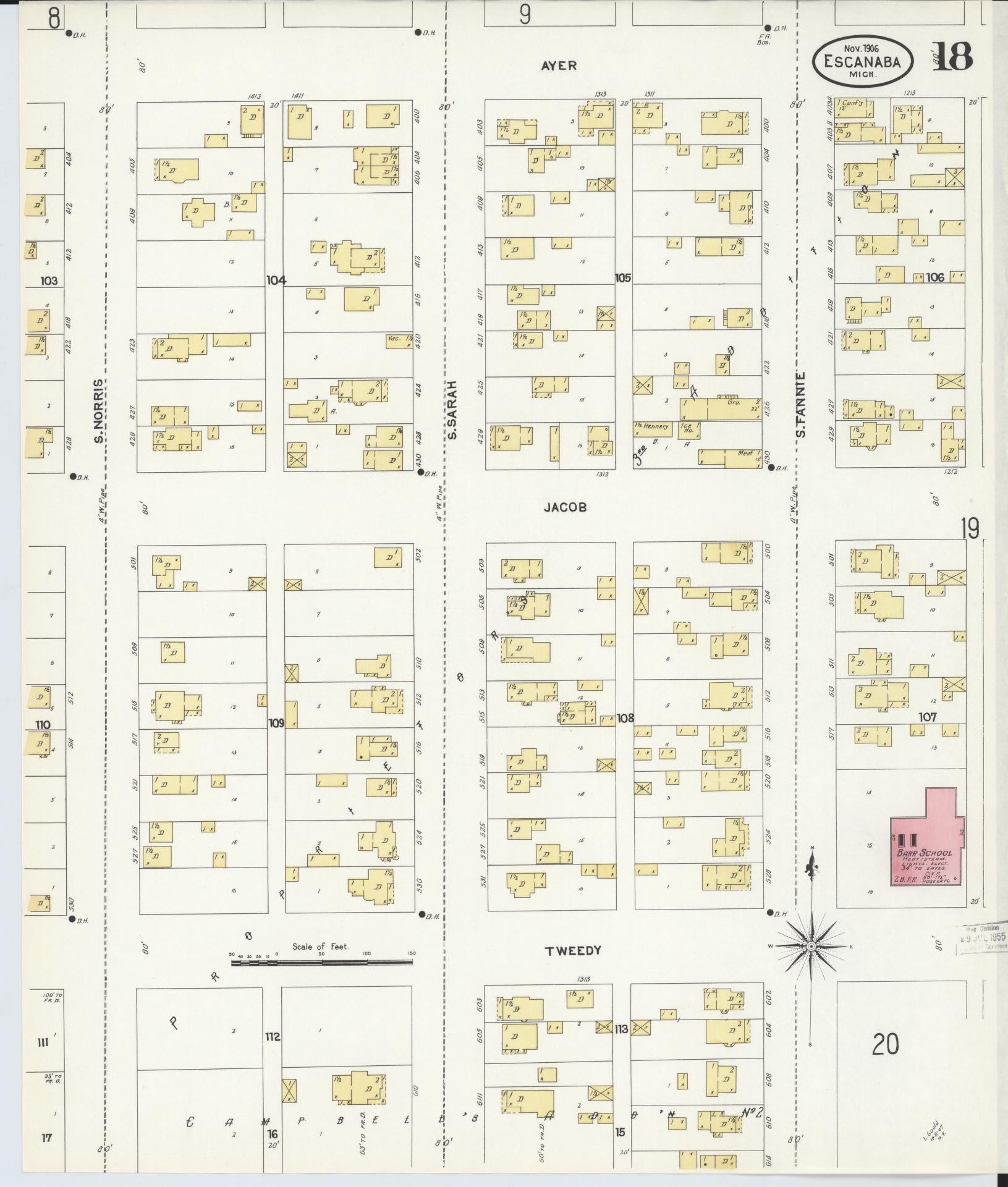 Sanborn Fire Insurance Map from Escanaba, Delta County, Michigan (1906), Sheet #0018 - Historic Sanborn Fire Insurance Map Print, vintage old map wall art, antique decor, genealogy gift, Michigan Michigan map