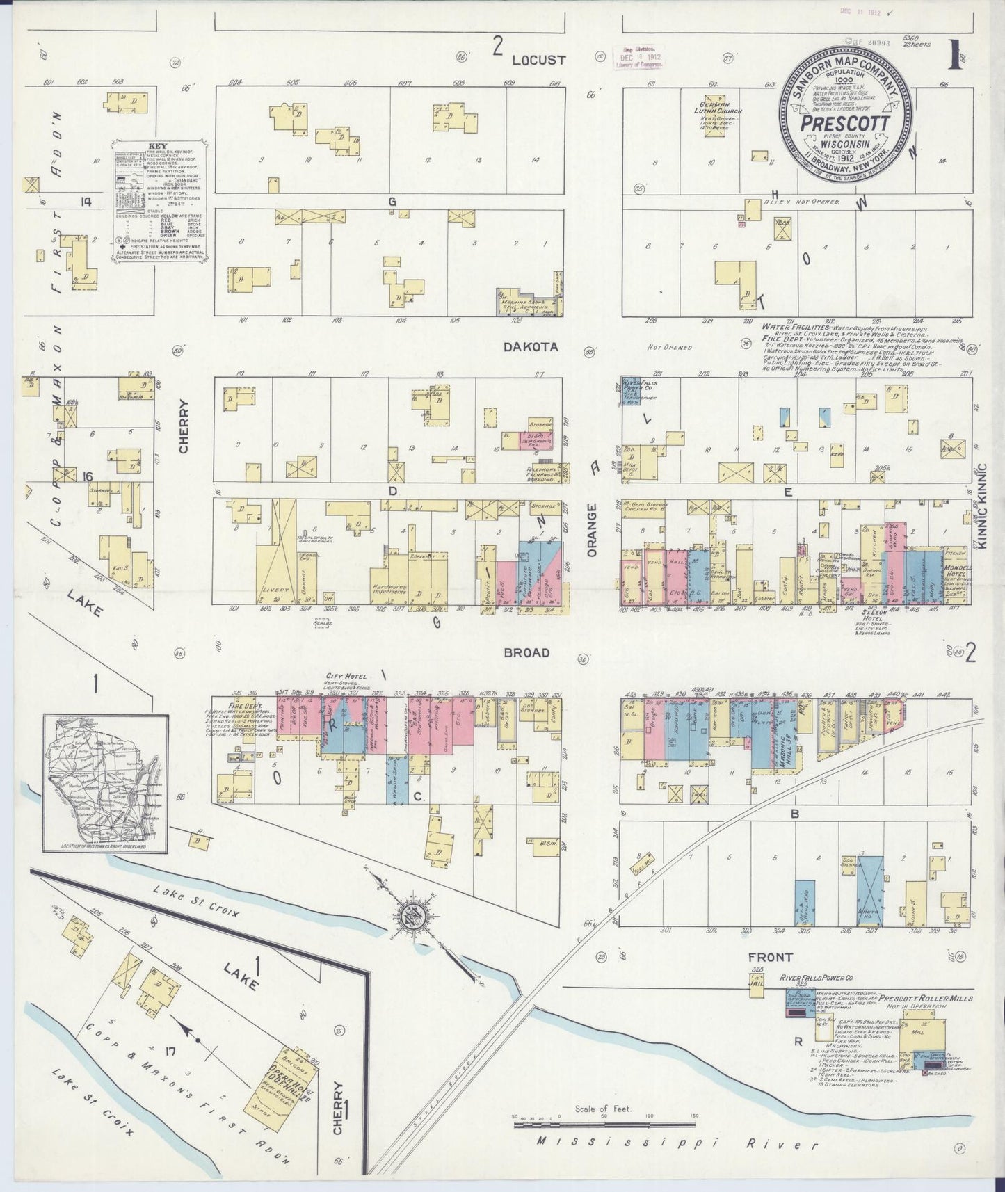 Sanborn Fire Insurance Map from Prescott, Pierce County, Wisconsin (1912), Sheet #0001 - Historic Sanborn Fire Insurance Map Print, vintage old map wall art, antique decor, genealogy gift, Wisconsin Wisconsin map
