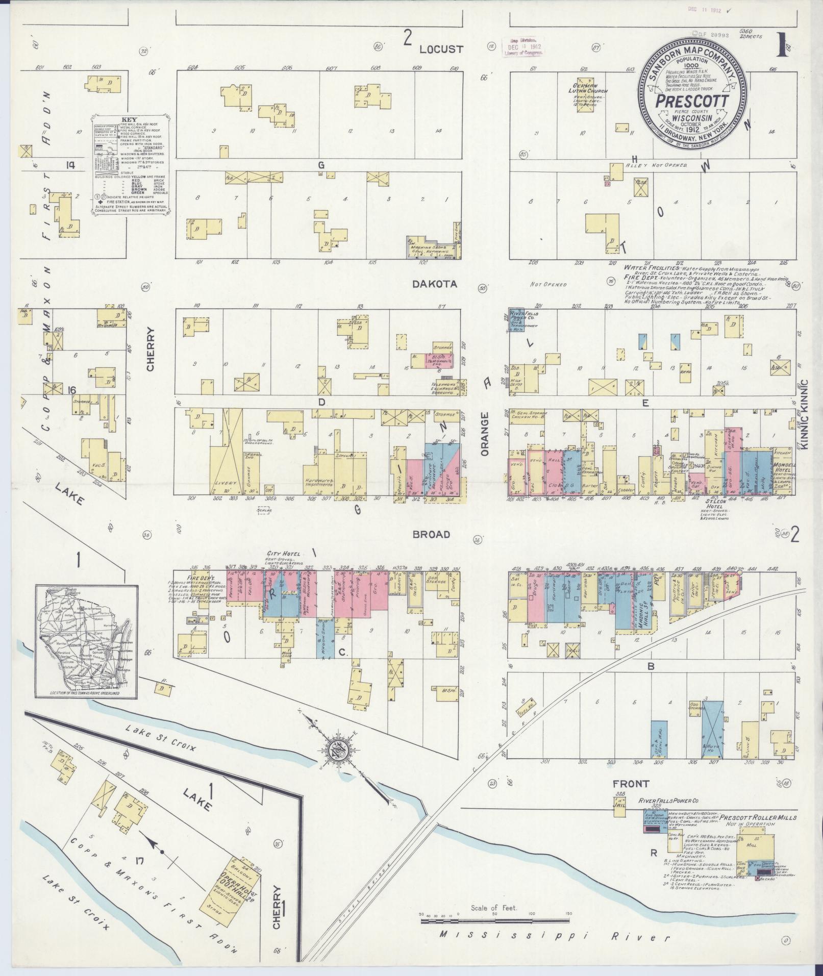 Sanborn Fire Insurance Map from Prescott, Pierce County, Wisconsin (1912), Sheet #0001 - Historic Sanborn Fire Insurance Map Print, vintage old map wall art, antique decor, genealogy gift, Wisconsin Wisconsin map