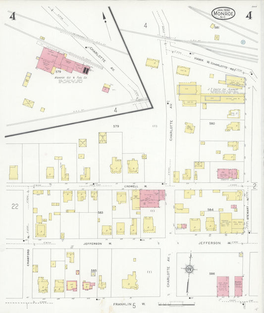 Sanborn Fire Insurance Map from Monroe, Union County, North Carolina (1930), Sheet #0004 - Historic Sanborn Fire Insurance Map Print, vintage old map wall art, antique decor, genealogy gift, North Carolina North Carolina map