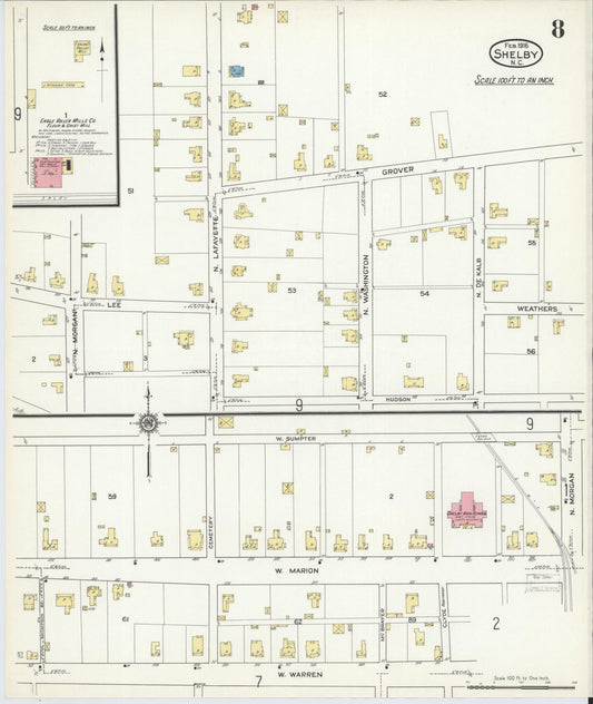 Sanborn Fire Insurance Map from Shelby, Cleveland County, North Carolina (1916), Sheet #0008 - Historic Sanborn Fire Insurance Map Print, vintage old map wall art, antique decor, genealogy gift, North Carolina North Carolina map